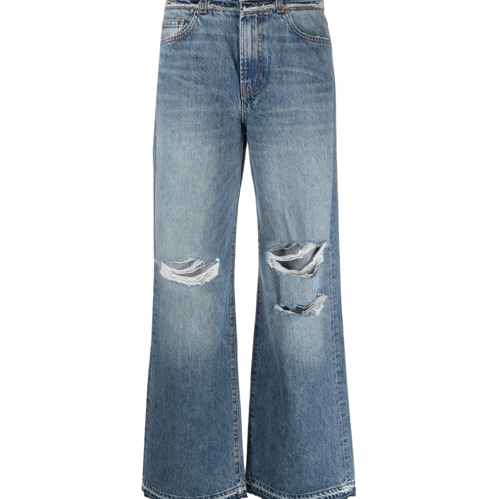 AMIRI Blue Flare Wide Leg Jeans Distressed